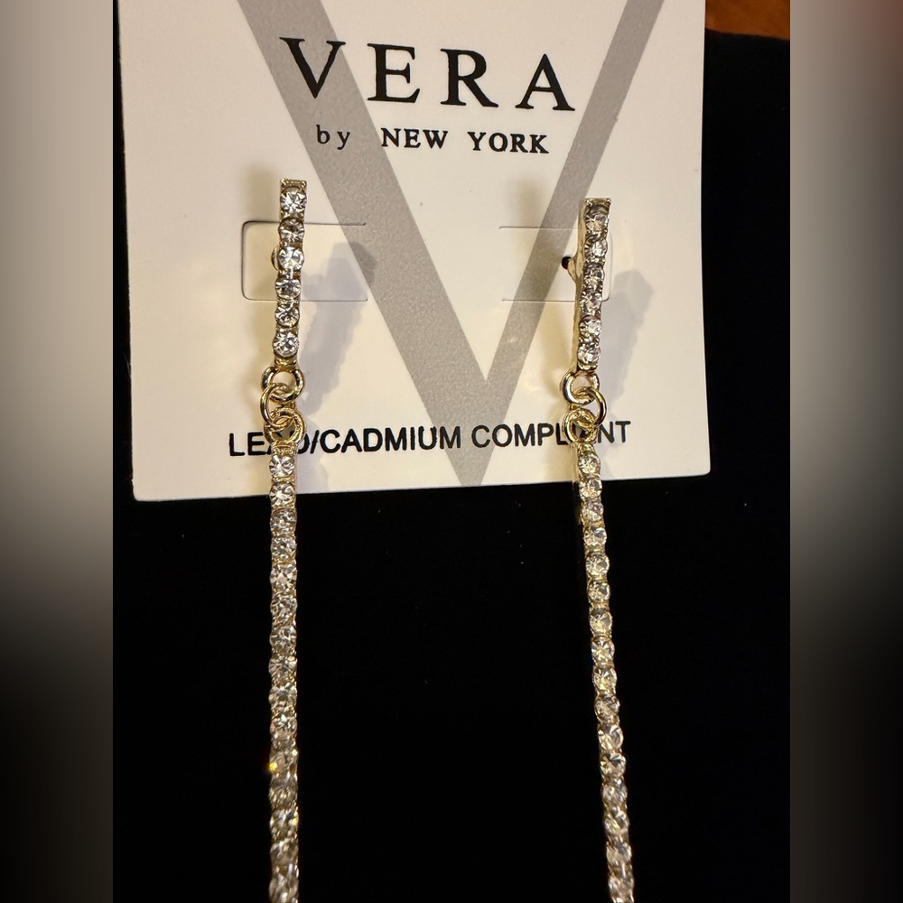 Vera New York Goldtone and rhinestone Long dangle post Earrings - Picture 3 of 6
